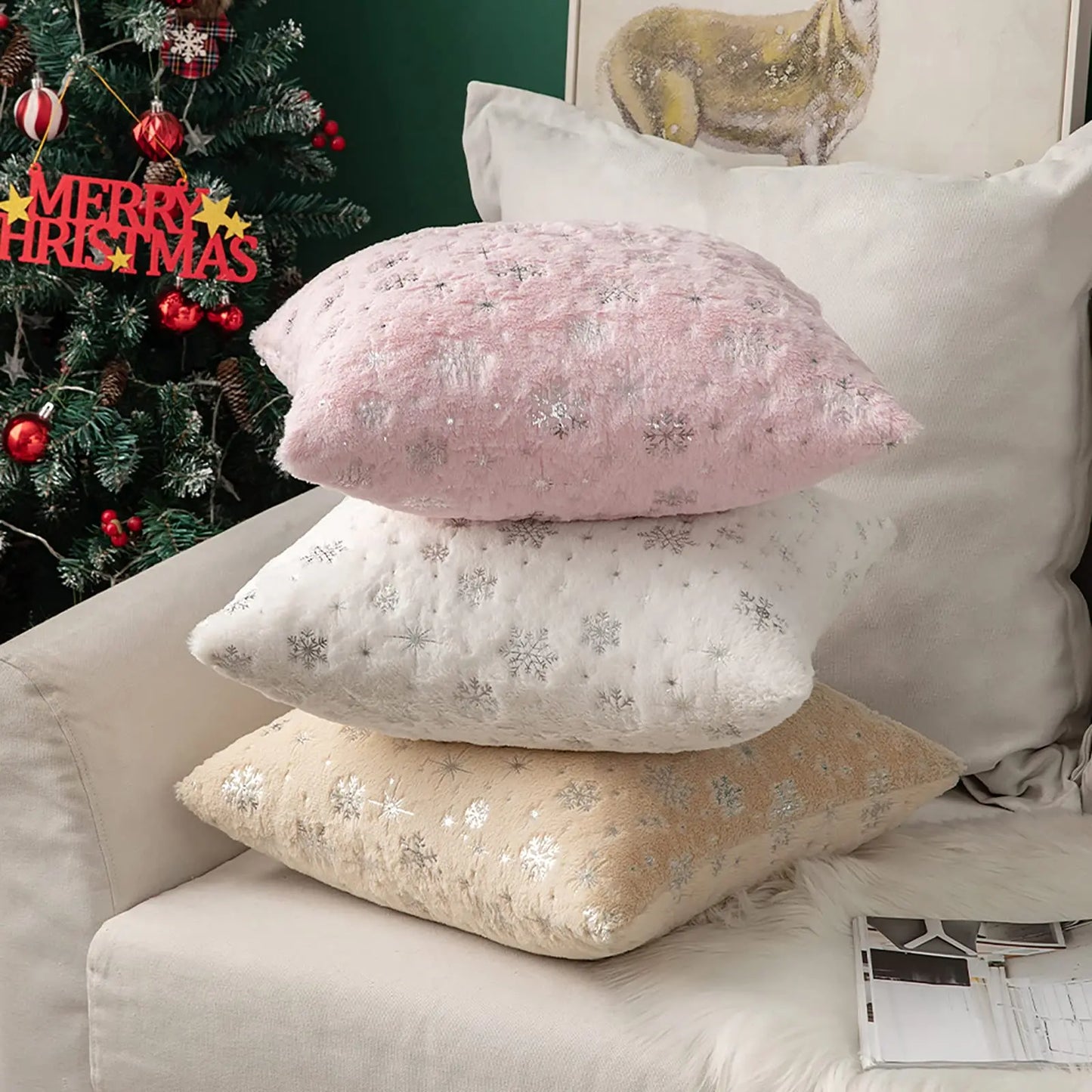 Christmas Cushion Cover 43x43cm Plush Fur Snowflake Print Cushion Covers Decorative Pillow Cover for Sofa Livingroom Home Decor