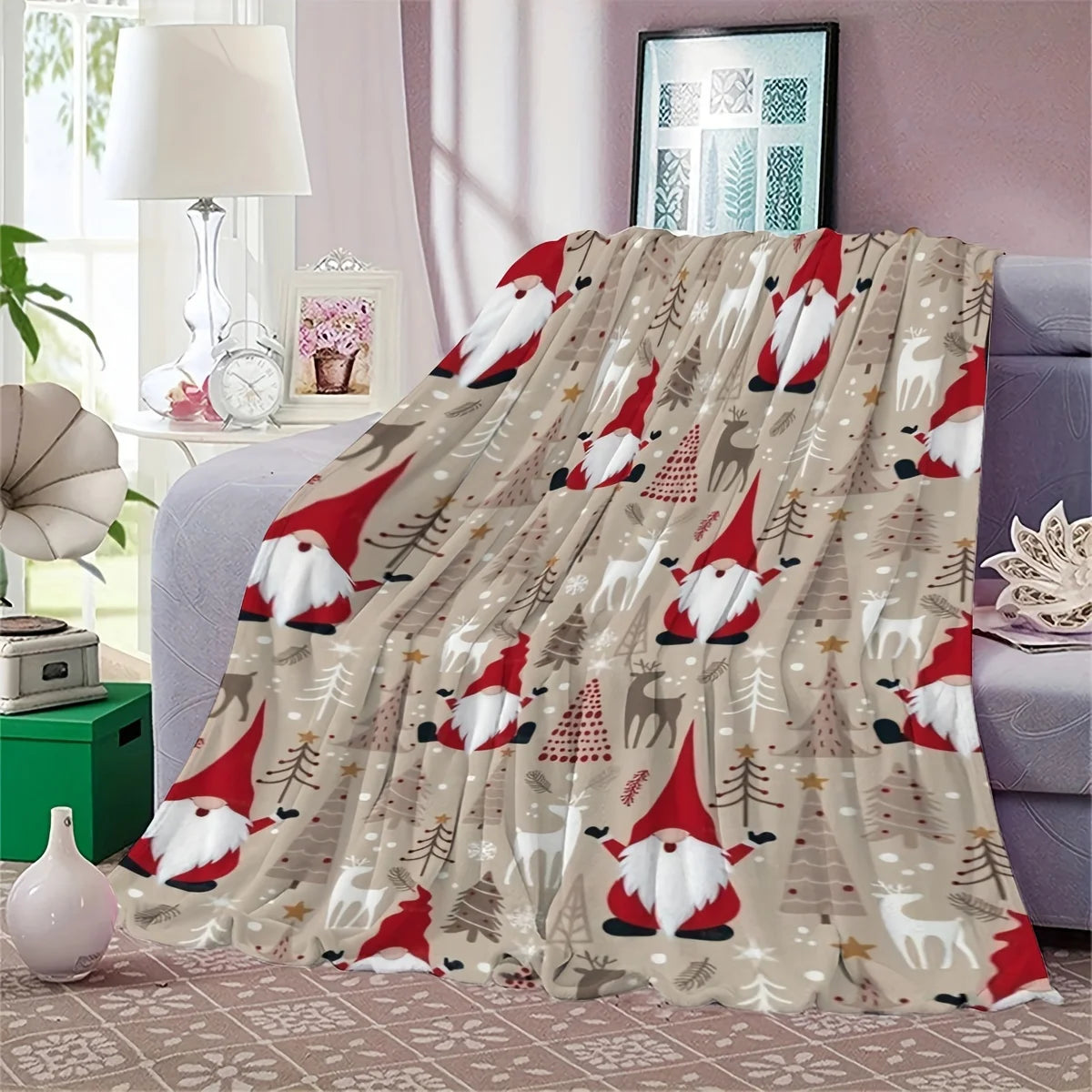 Christmas Flannel Blanket – Digital Santa/Reindeer Print, All-Season Cozy Polyester, Soft Touch, Ideal for Festive Decor & Gift