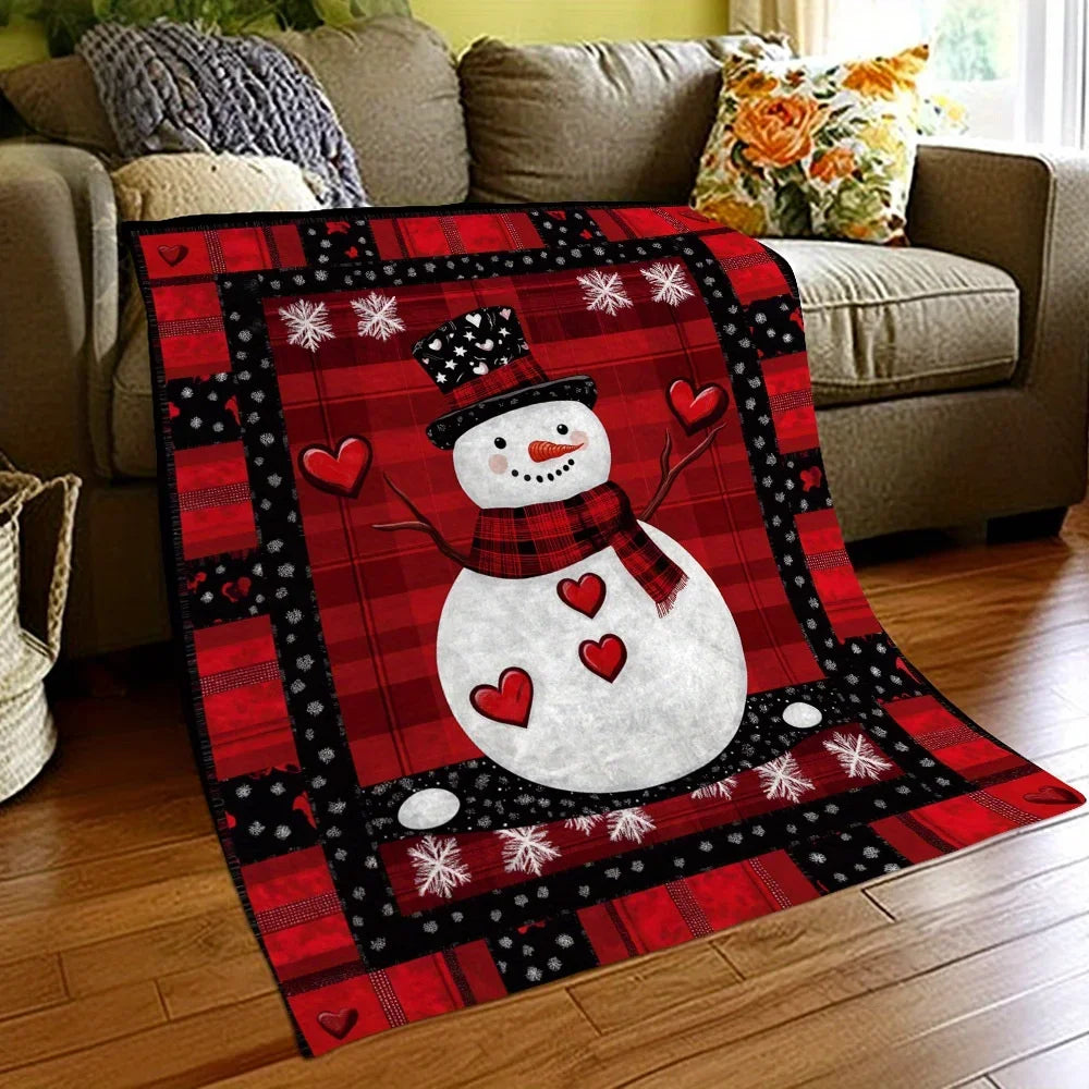 Comfortable Flannel Christmas Blanket with Checkered Snowman Ice House and Reindeer Offices and Versatile Gift for All Seasons