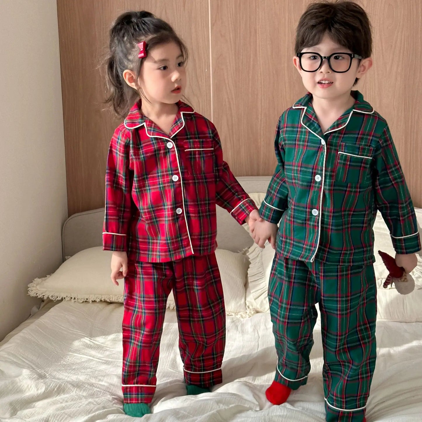 Christmas Children's Pajamas Boys Pure Cotton Plaid New Spring and Autumn Girls Long-sleeved Suit Baby Loungewear