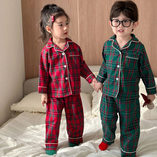 Christmas Children's Pajamas Boys Pure Cotton Plaid New Spring and Autumn Girls Long-sleeved Suit Baby Loungewear