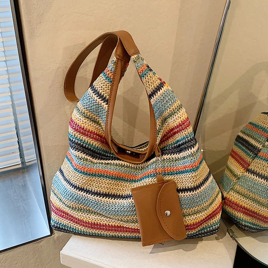 Women Stylish Knit Shoulder Bag Wear Resist Hand Woven Shoulder Bag Vacation Straw Handbag Leisure Bag with Matching Clutch