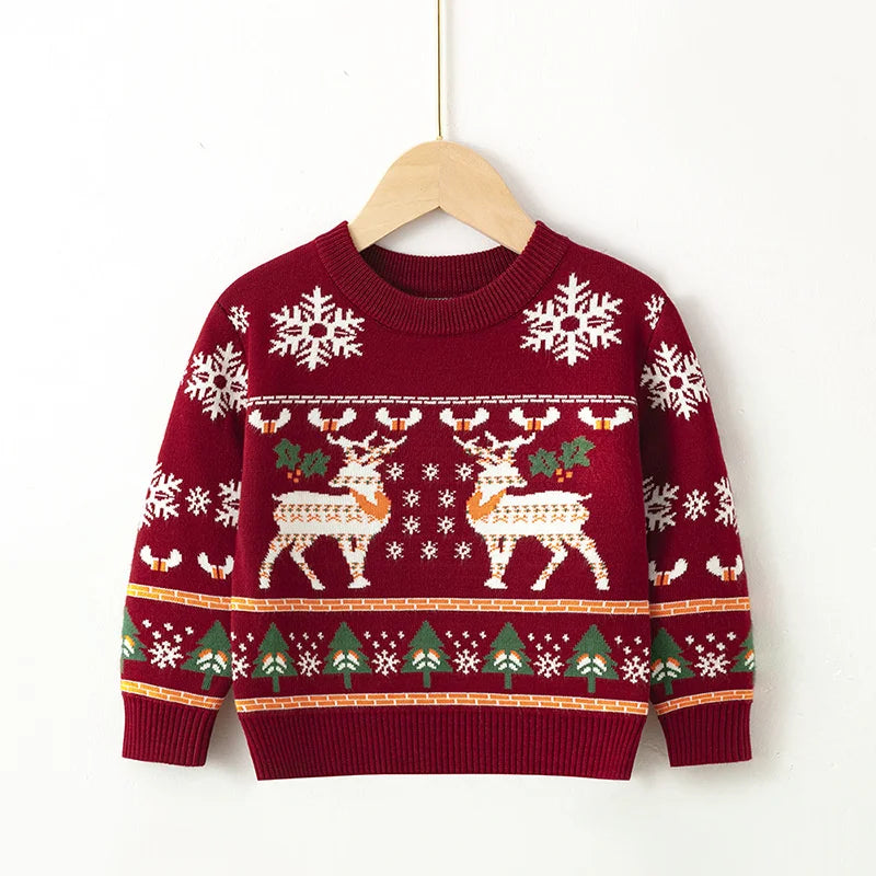 Christmas Knit Sweater Winter Kids Cartoon Print Pullover Autumn Boys Girls Cotton Warm Knitwear 2-6 Years