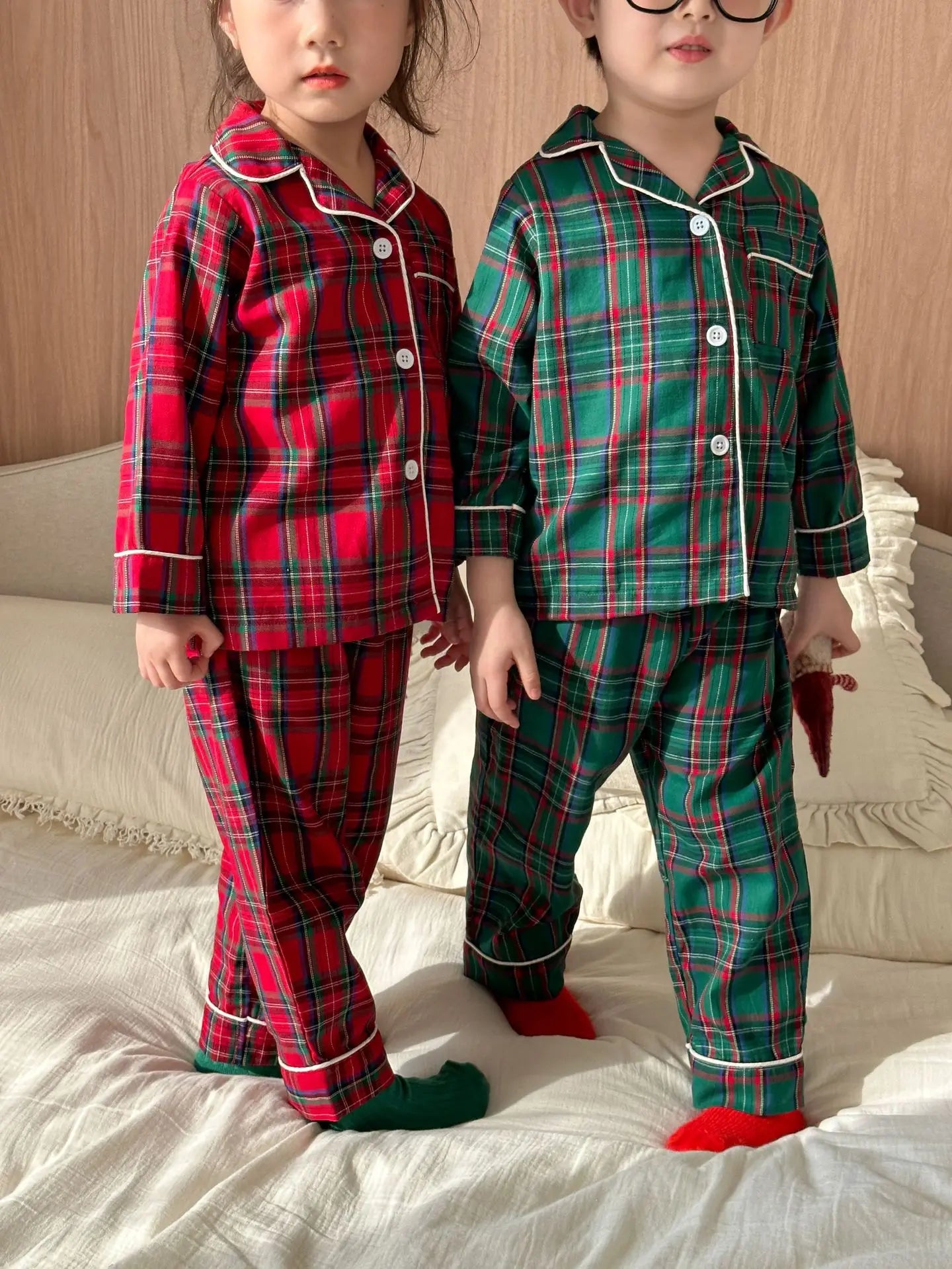 Christmas Children's Pajamas Boys Pure Cotton Plaid New Spring and Autumn Girls Long-sleeved Suit Baby Loungewear
