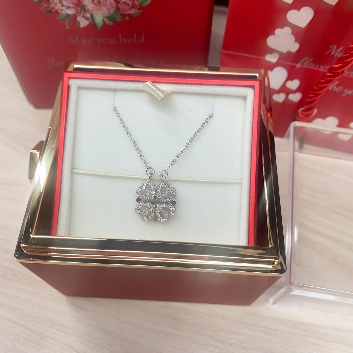 New Valentine Eternal Rose Jewelry Ring Box Rotate Wedding Clover Pendant Necklace Storage Case For Women Valentine's Day Gift