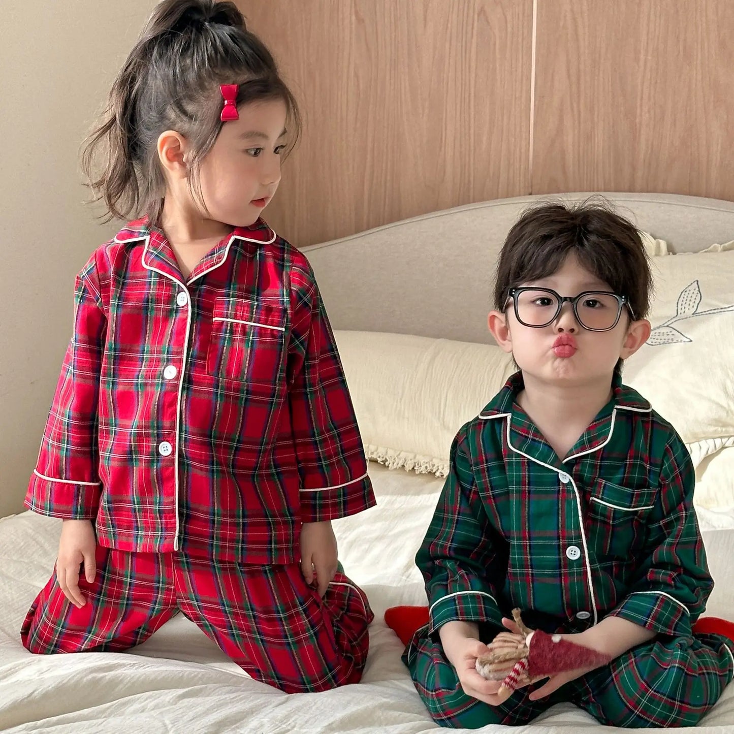 Christmas Children's Pajamas Boys Pure Cotton Plaid New Spring and Autumn Girls Long-sleeved Suit Baby Loungewear