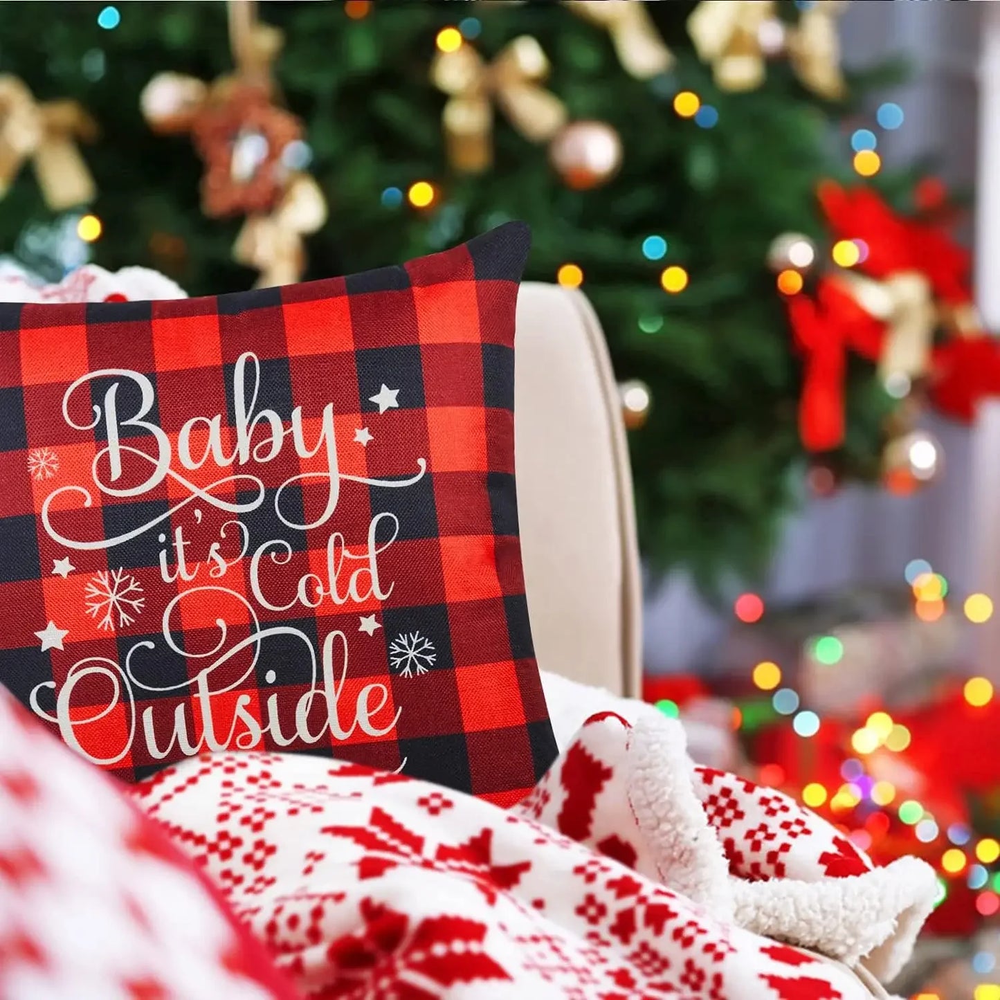 Christmas Throw Cushion Covers 18x18 Inch Set of 4 Linen Christmas Pillowcases Black and Red Buffalo Plaid Pillow Cases Decor