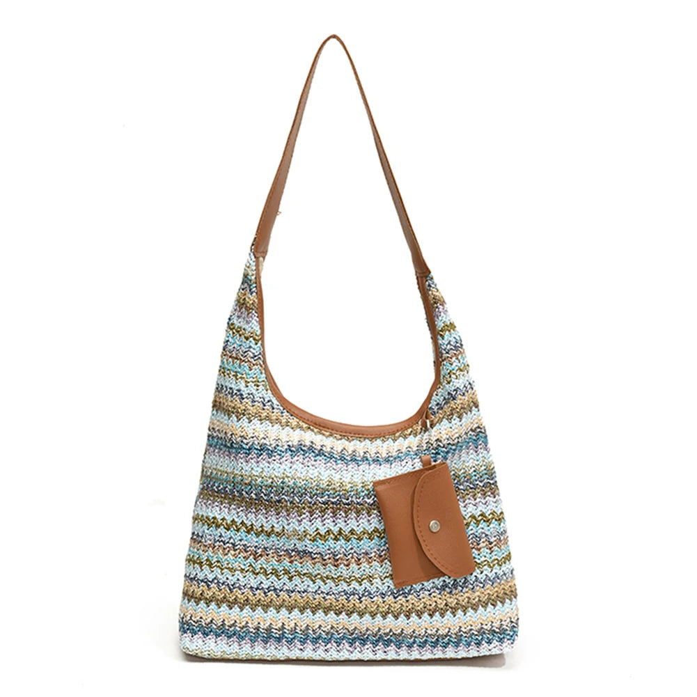 Women Stylish Knit Shoulder Bag Wear Resist Hand Woven Shoulder Bag Vacation Straw Handbag Leisure Bag with Matching Clutch