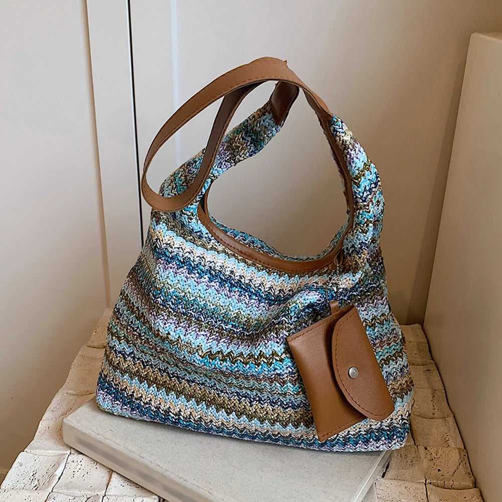 Women Stylish Knit Shoulder Bag Wear Resist Hand Woven Shoulder Bag Vacation Straw Handbag Leisure Bag with Matching Clutch