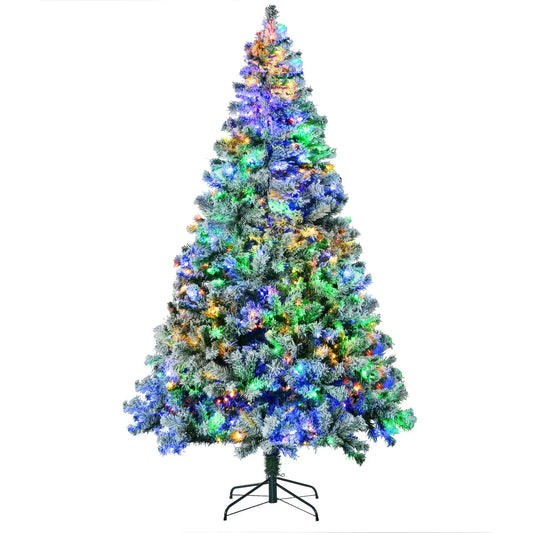 7.5ft Artificial Snow Christmas Tree with Frosted Branches LED Lights Steel Base for Festive Home Decor