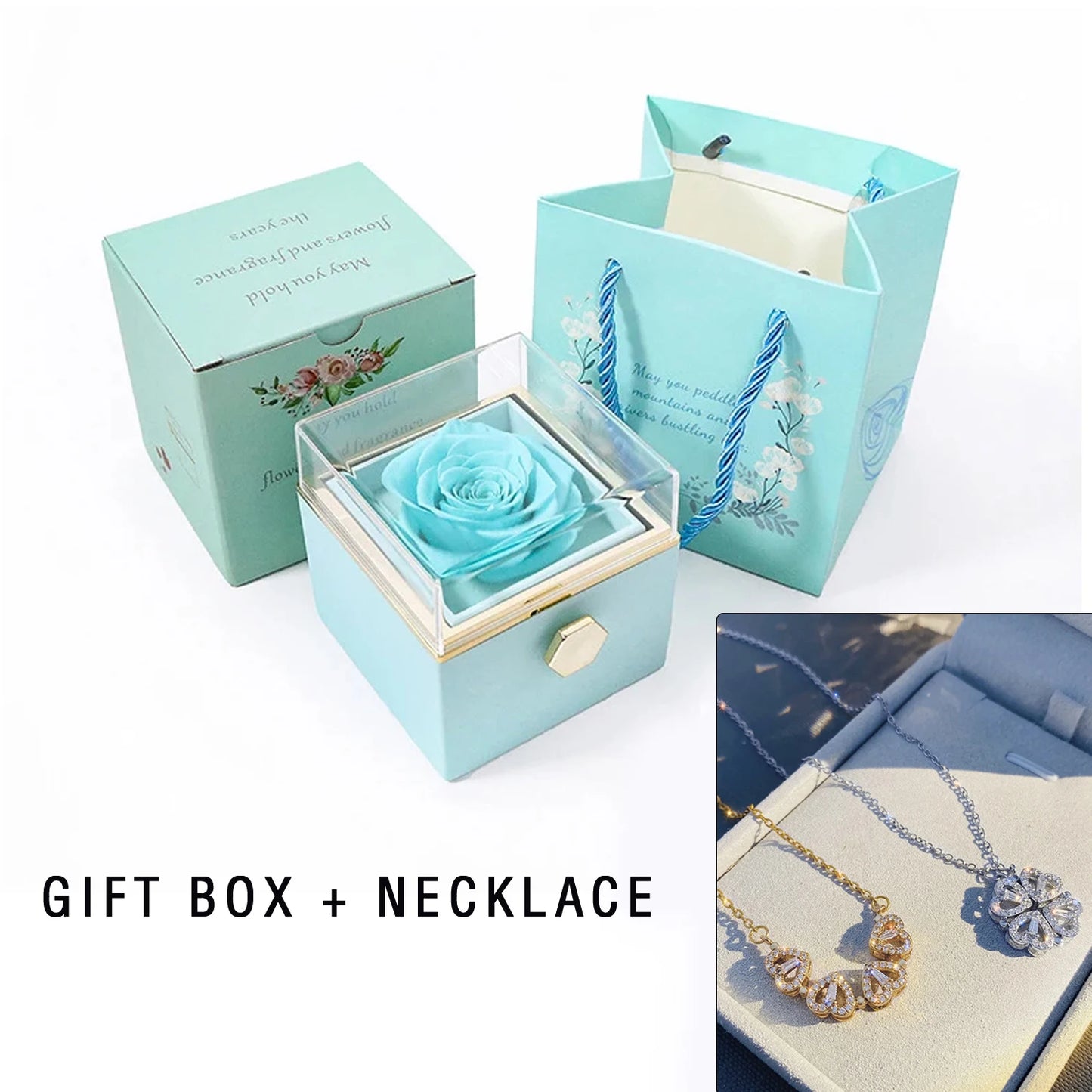 New Valentine Eternal Rose Jewelry Ring Box Rotate Wedding Clover Pendant Necklace Storage Case For Women Valentine's Day Gift