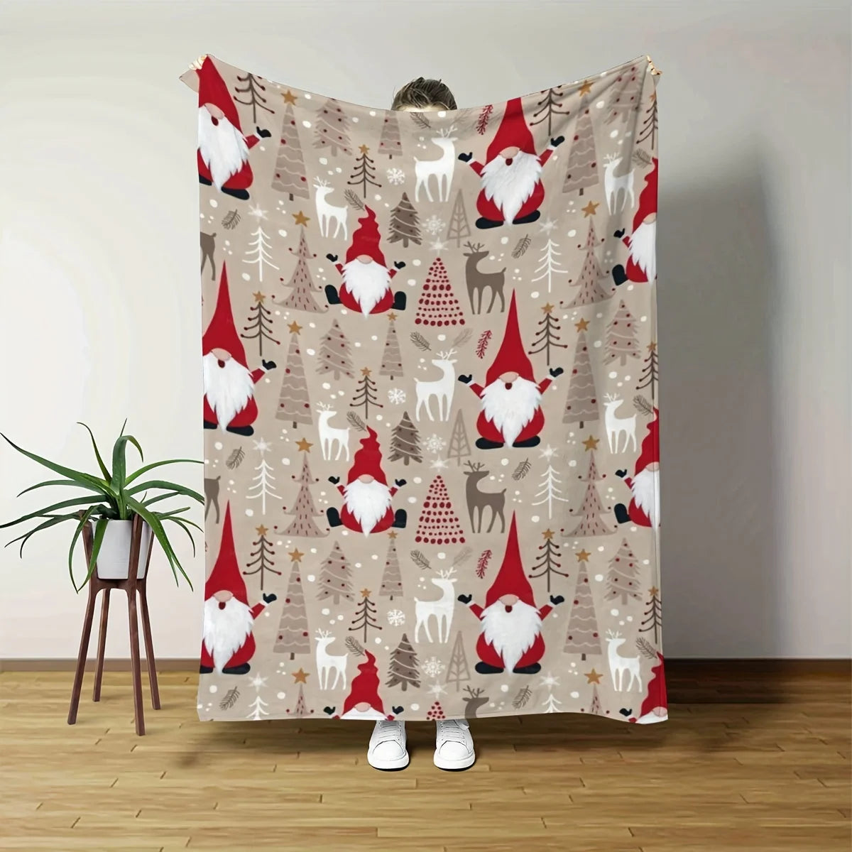 Christmas Flannel Blanket – Digital Santa/Reindeer Print, All-Season Cozy Polyester, Soft Touch, Ideal for Festive Decor & Gift