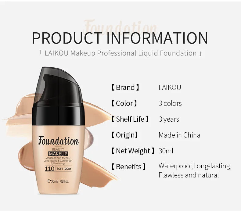 30ml Liquid Foundation Waterproof Makeup High Coverage Concealer Long-lasting Cover Dark Circle Brighten Matte BB Cream Cosmetic