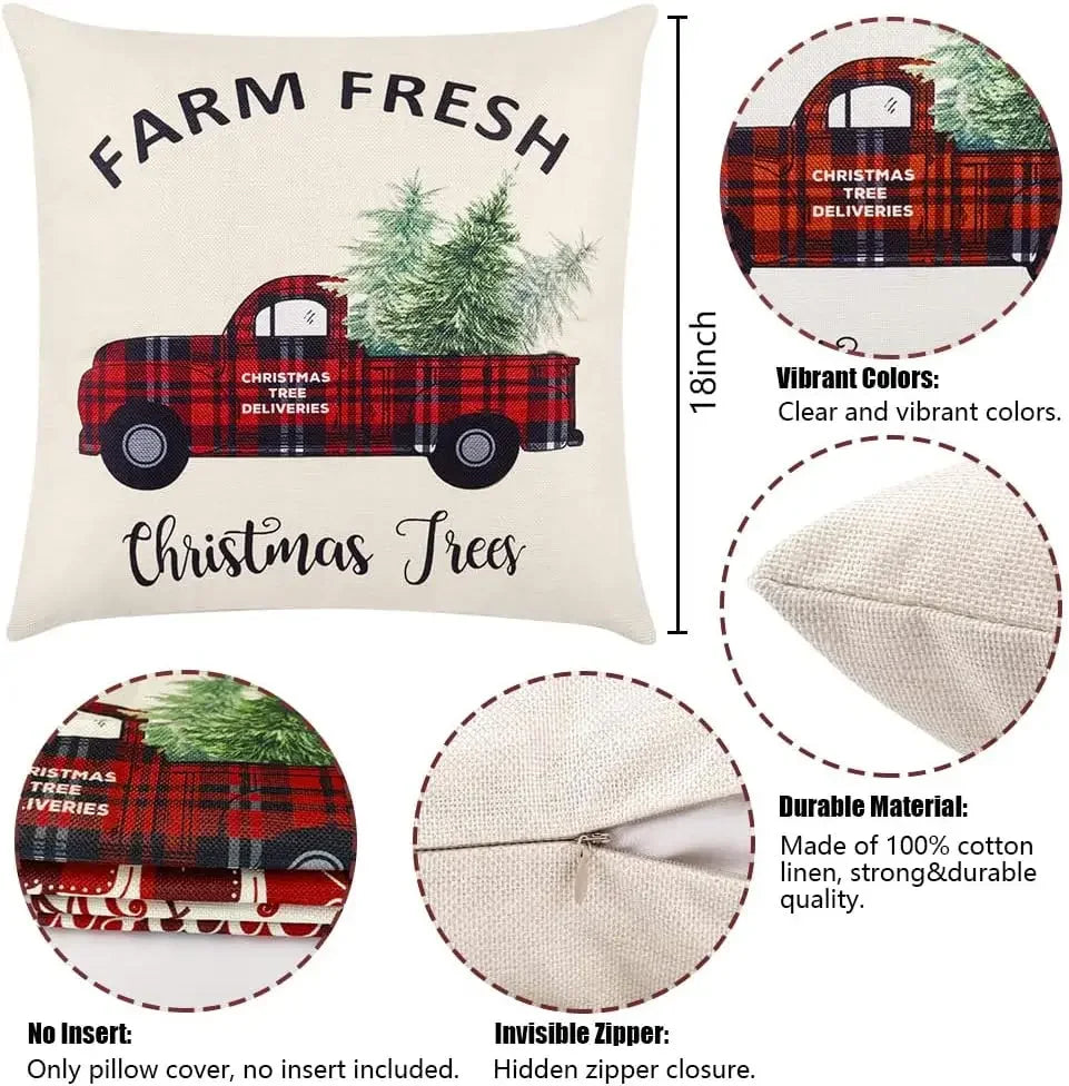 Christmas Throw Cushion Covers 18x18 Inch Set of 4 Linen Christmas Pillowcases Black and Red Buffalo Plaid Pillow Cases Decor
