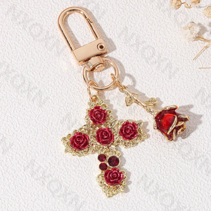 Pretty Rose Cross Red Enamel Keychain Lovely Flowers Plant Key Ring For Women Girl Valentine Handmade Valentine's Day Jewelr