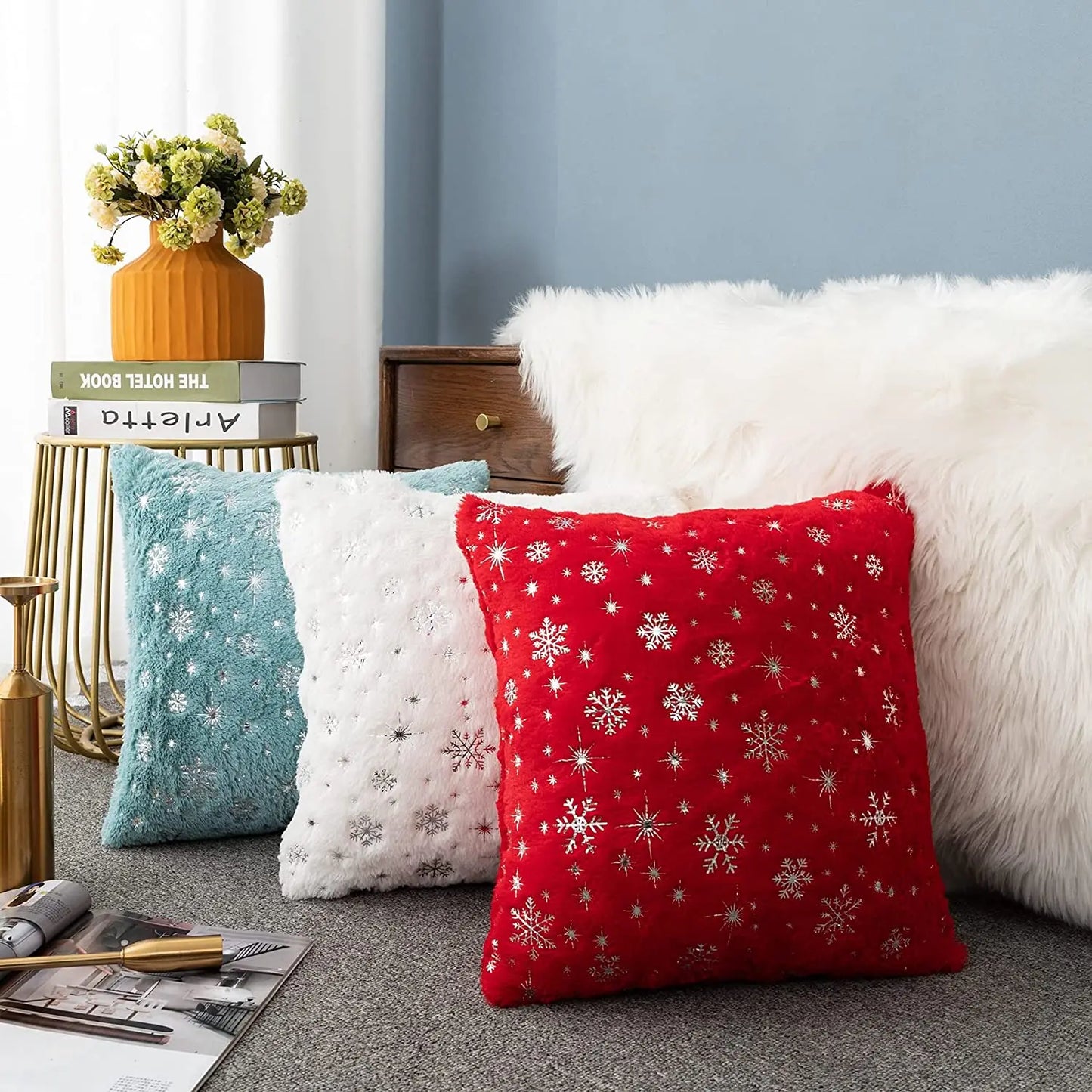 Christmas Cushion Cover 43x43cm Plush Fur Snowflake Print Cushion Covers Decorative Pillow Cover for Sofa Livingroom Home Decor