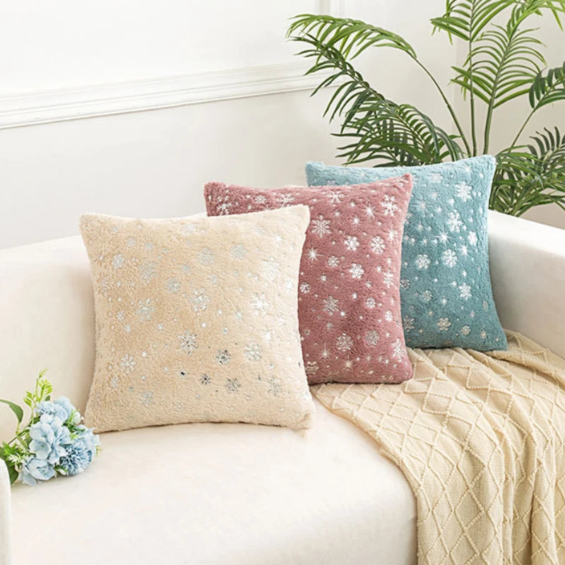 Christmas Cushion Cover 43x43cm Plush Fur Snowflake Print Cushion Covers Decorative Pillow Cover for Sofa Livingroom Home Decor