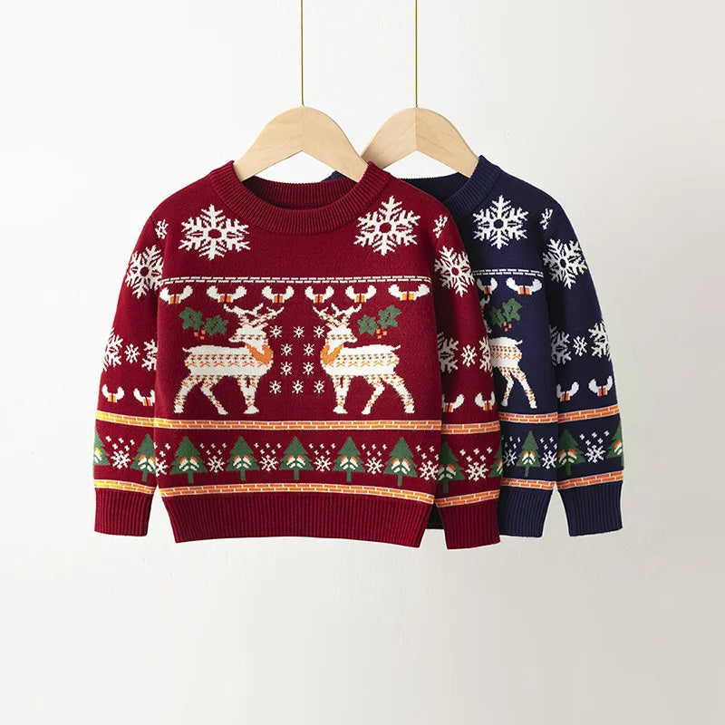 Christmas Knit Sweater Winter Kids Cartoon Print Pullover Autumn Boys Girls Cotton Warm Knitwear 2-6 Years