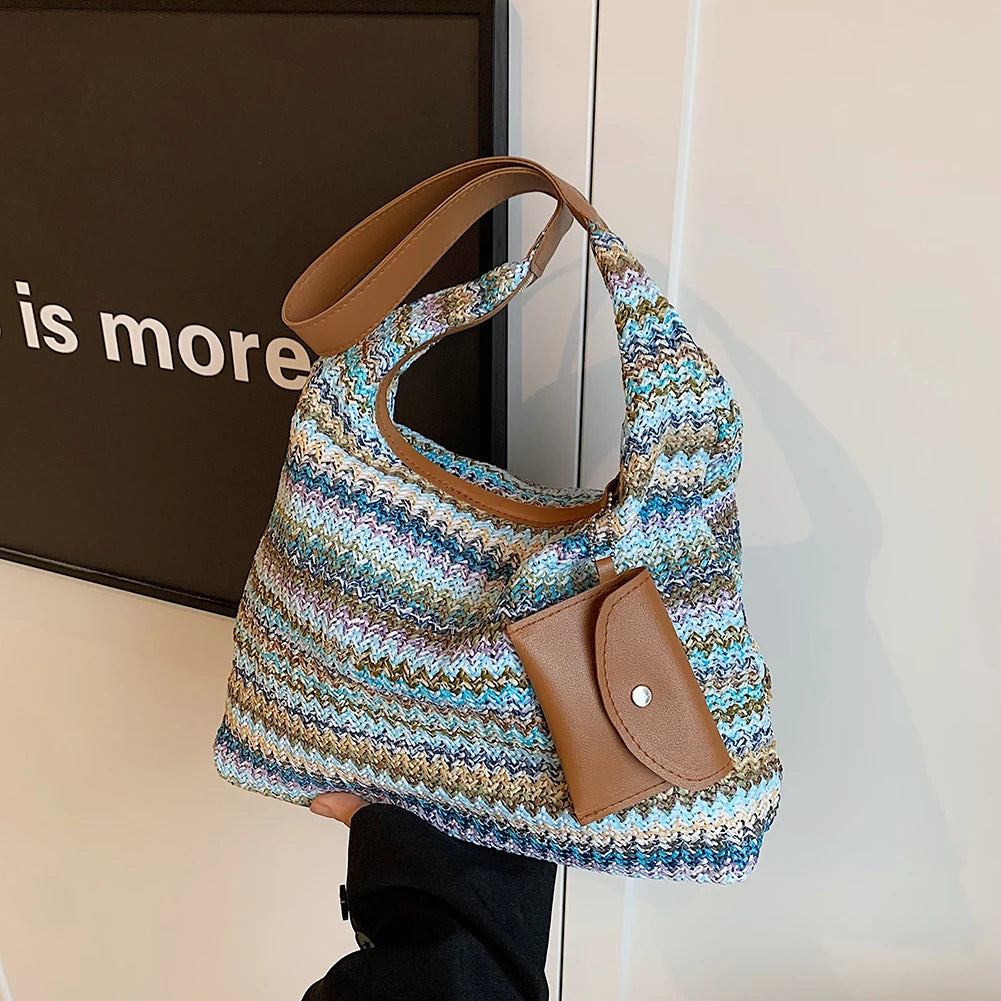Women Stylish Knit Shoulder Bag Wear Resist Hand Woven Shoulder Bag Vacation Straw Handbag Leisure Bag with Matching Clutch