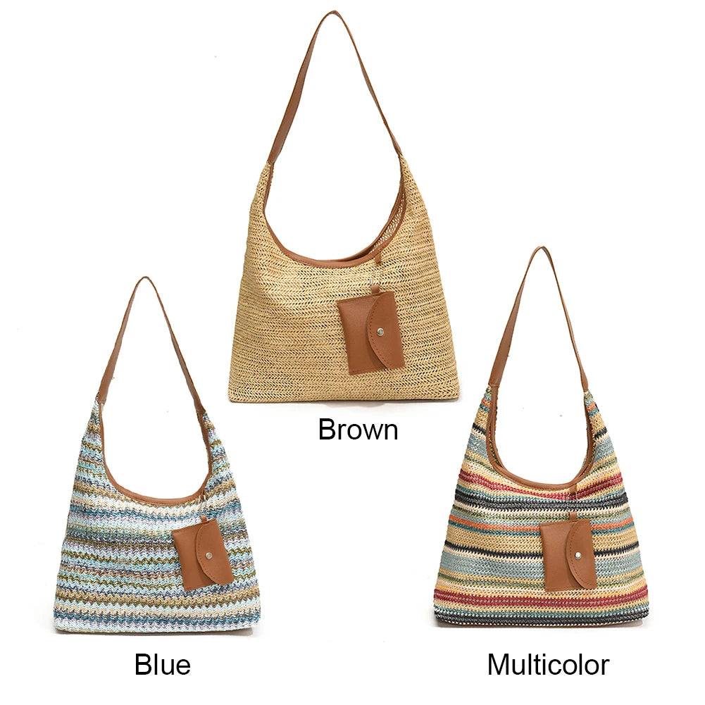 Women Stylish Knit Shoulder Bag Wear Resist Hand Woven Shoulder Bag Vacation Straw Handbag Leisure Bag with Matching Clutch