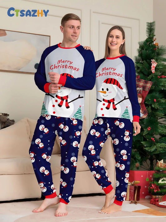 Christmas Couple Pajamas Set - Raglan Sleeve Navy & White Snowman "Merry Christmas" Print & Festive Pattern Pants Sleepwear