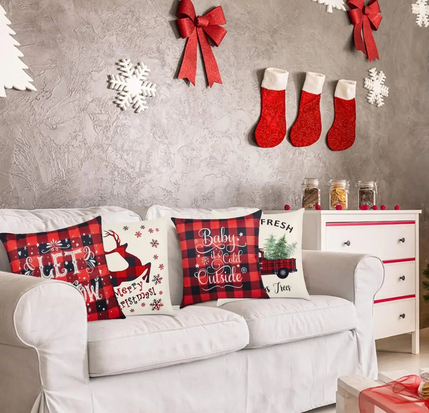 Christmas Throw Cushion Covers 18x18 Inch Set of 4 Linen Christmas Pillowcases Black and Red Buffalo Plaid Pillow Cases Decor