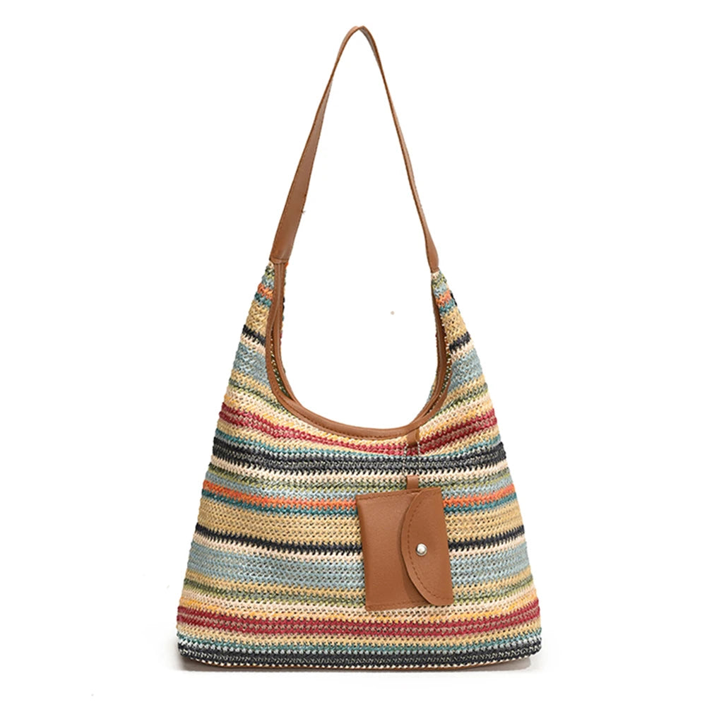 Women Stylish Knit Shoulder Bag Wear Resist Hand Woven Shoulder Bag Vacation Straw Handbag Leisure Bag with Matching Clutch