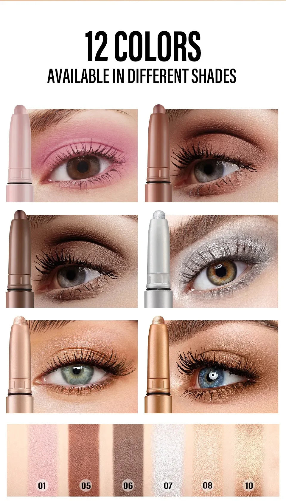 Smoky Dark Black Eyeshadow Pencil Stick Waterproof Pearlescent Matte Metallic Glitter Eye Shadow Highlighter Pen Make Up Tool