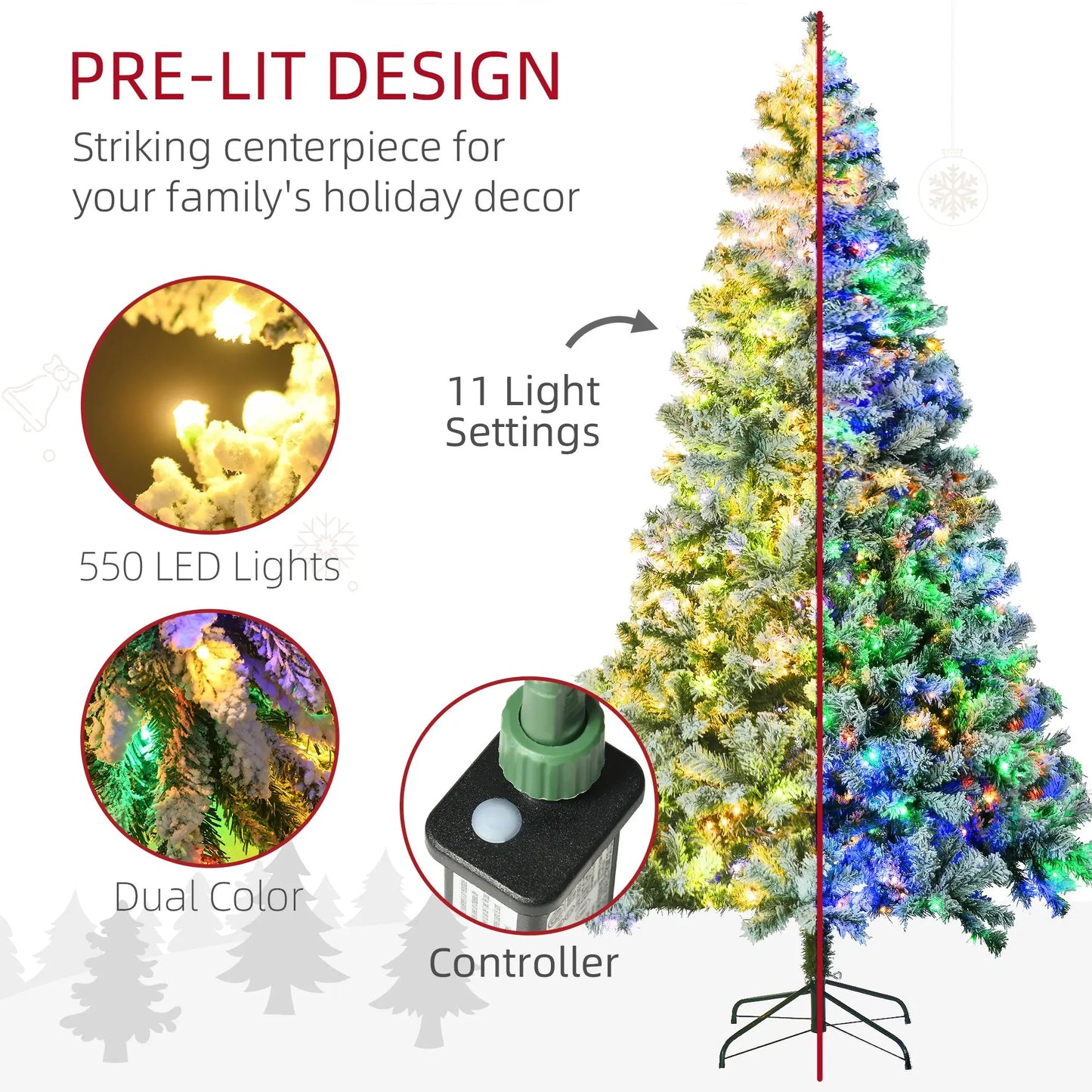 7.5ft Artificial Snow Christmas Tree with Frosted Branches LED Lights Steel Base for Festive Home Decor