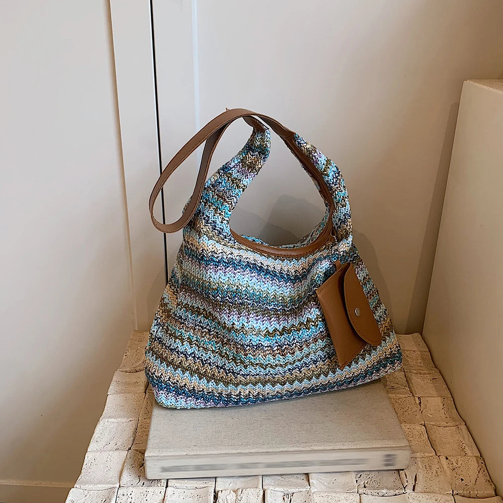 Women Stylish Knit Shoulder Bag Wear Resist Hand Woven Shoulder Bag Vacation Straw Handbag Leisure Bag with Matching Clutch