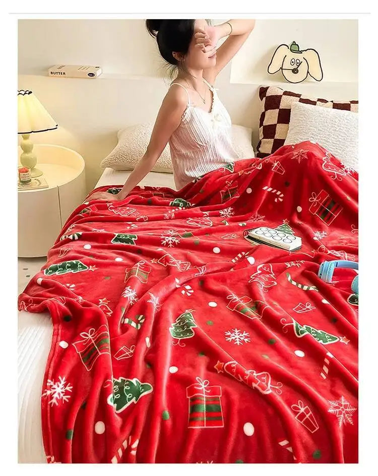 Christmas Thickened Flannel Blanket Red Coral plush Blanket Air-conditioned Blanket Gift Modern and Simple Polyester