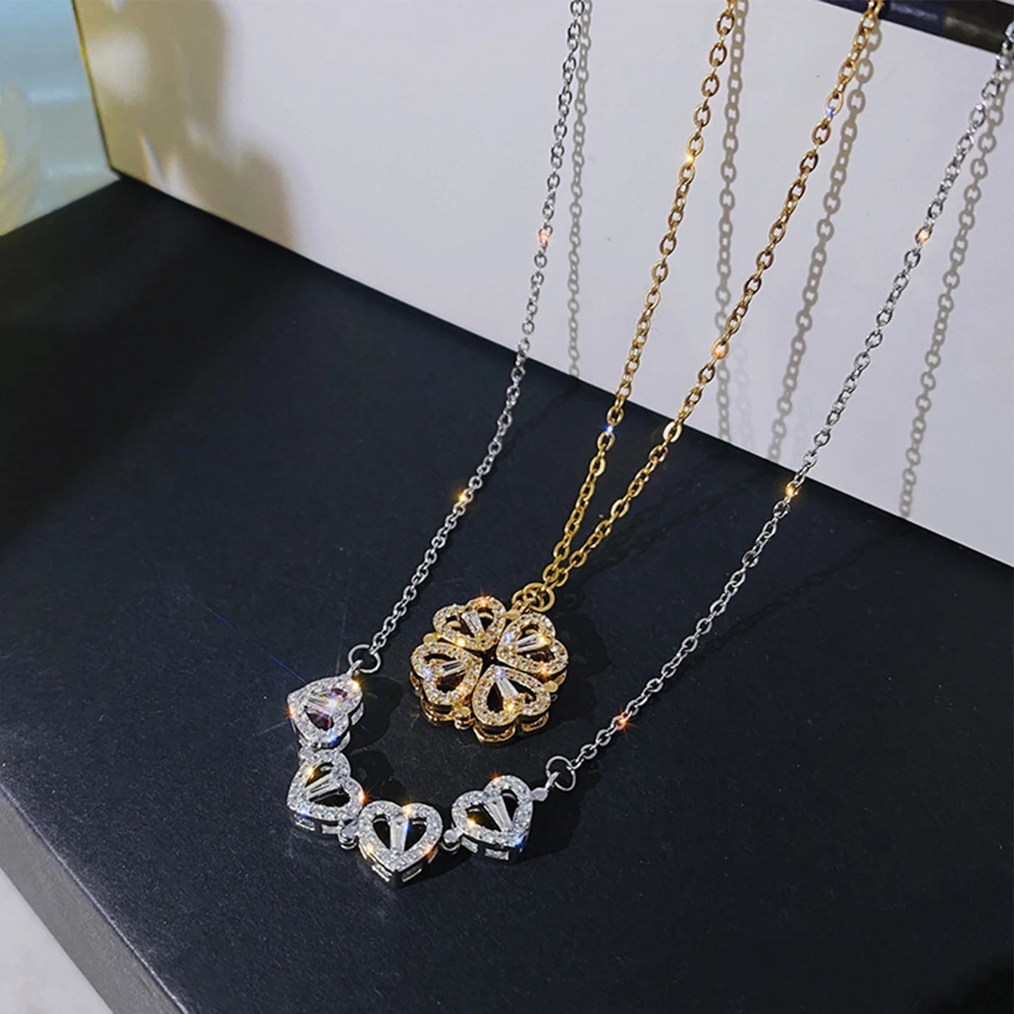 New Valentine Eternal Rose Jewelry Ring Box Rotate Wedding Clover Pendant Necklace Storage Case For Women Valentine's Day Gift