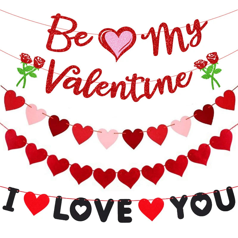 Red Pink Valentine's Day Love Heart Garlands Be My Valentine Banner Rose Love Happy Valentine Party Decoration for Home 2025