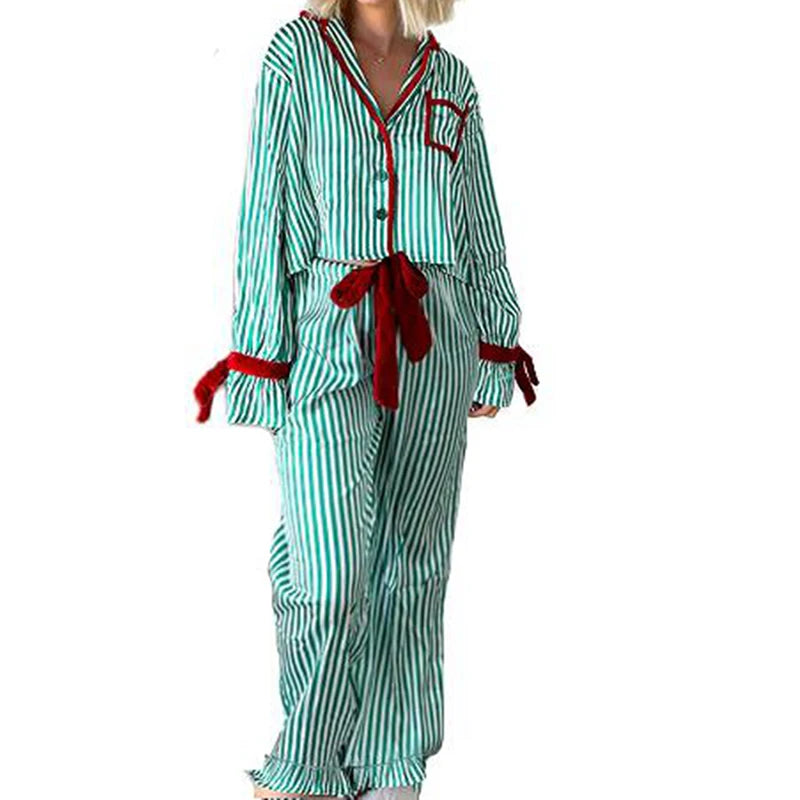 Christmas Pajamas Striped Button Up Crop Blouse Bowknot Long Sleeve Shirt Tops + Wide Leg Pants Women Holiday Lounge Sleepwear