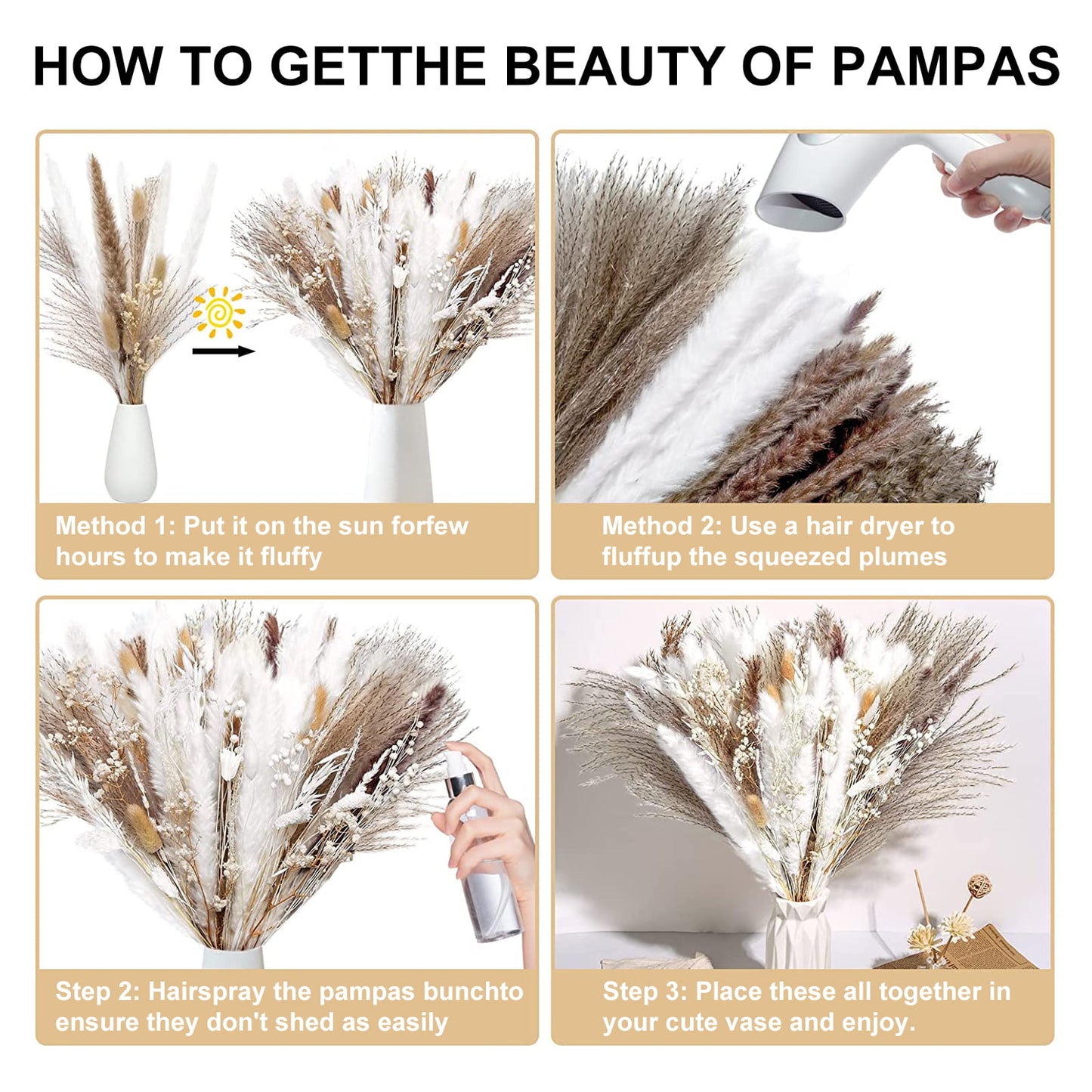 Tripumer 80PCS Natural Dried Pampas Grass Bouquet Bohemian Home Decora